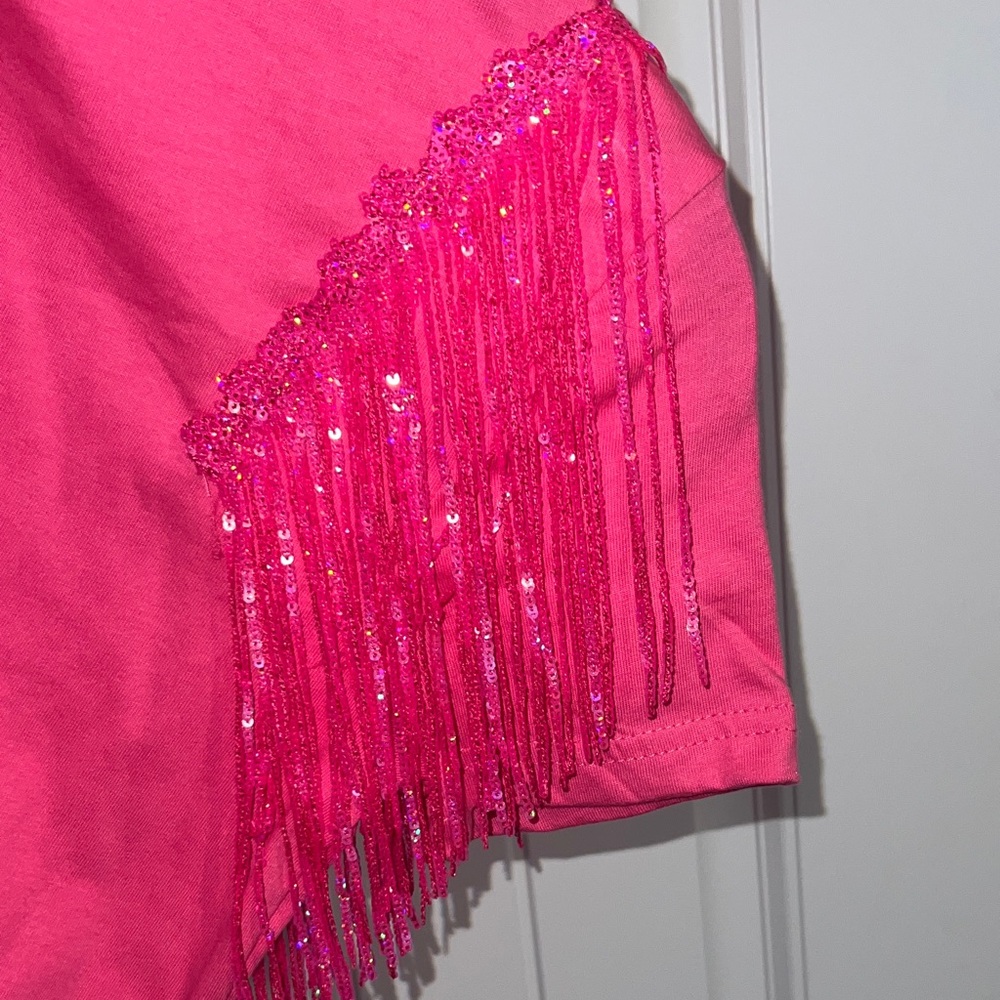 NWT! Concert | Festival Pink Short Sleeve Tee with Sequin Fringe! size SMALL - Picture 7 of 9